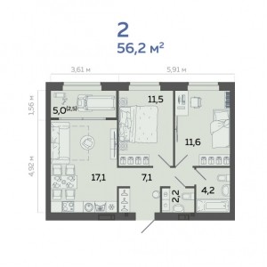 2-к. квартира, 56,2 м², N/23 эт. - 5 231 000 р.